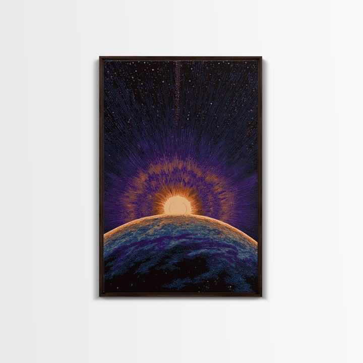 Purple Planet Sunrise Horizon Canvas Print, Retro Sci Fi Space Poster, Modern Wall Art, Midcentury Starburst Decor Gift Idea