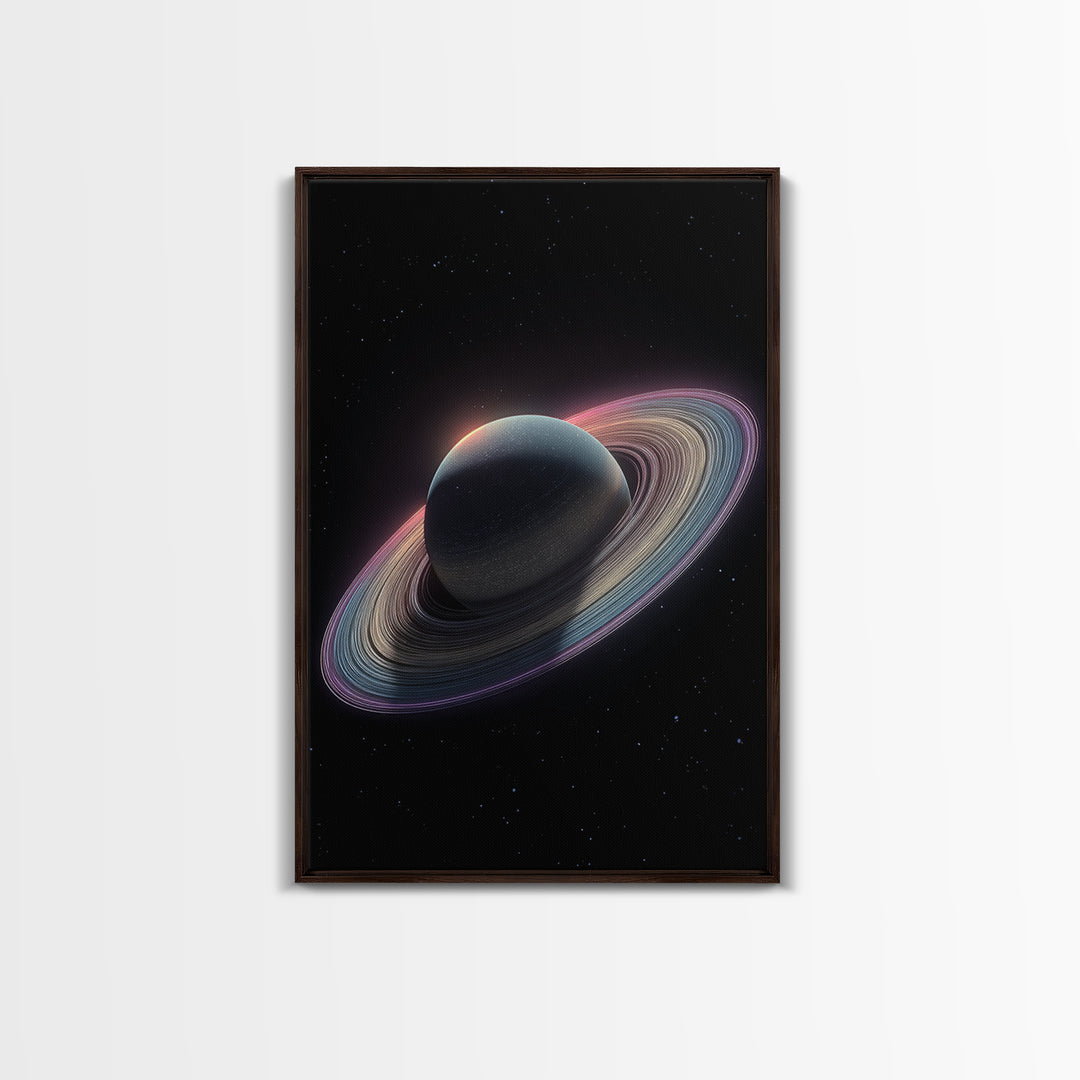 Dark Saturn With Iridescent Rings Wall Art, Realistic Sci Fi Space Poster, Modern Art Print, Cosmic Retro Home Decor Gift