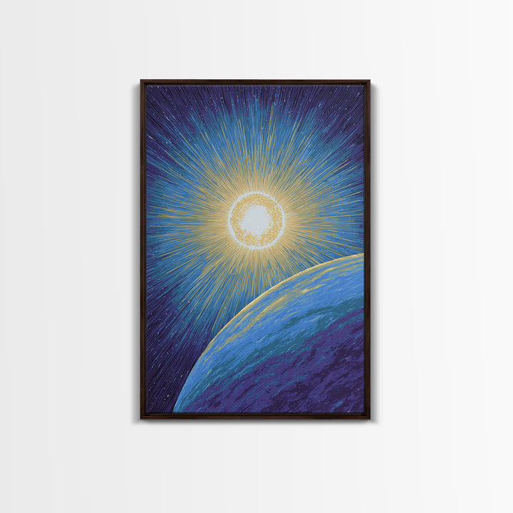 Radiant Sun Above Blue Planet Canvas Print, Retro Sci Fi Space Poster, Modern Wall Art, Midcentury Cosmic Home Decor Gift