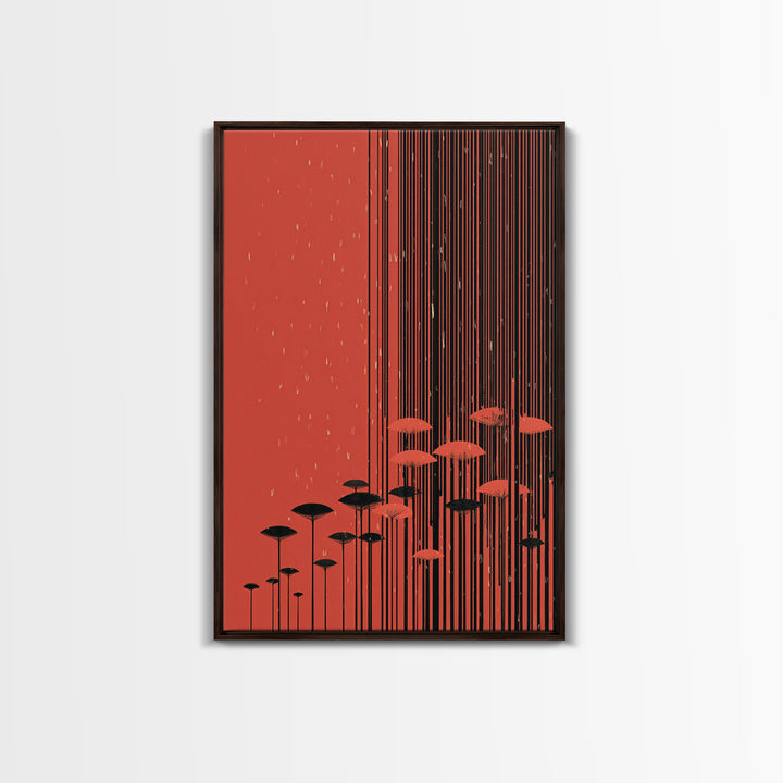 Red Abstract Rain Umbrella Wall Art, Midcentury Modern Art Print, Japanese Poster Style, Geometric Retro Home Decor Gift