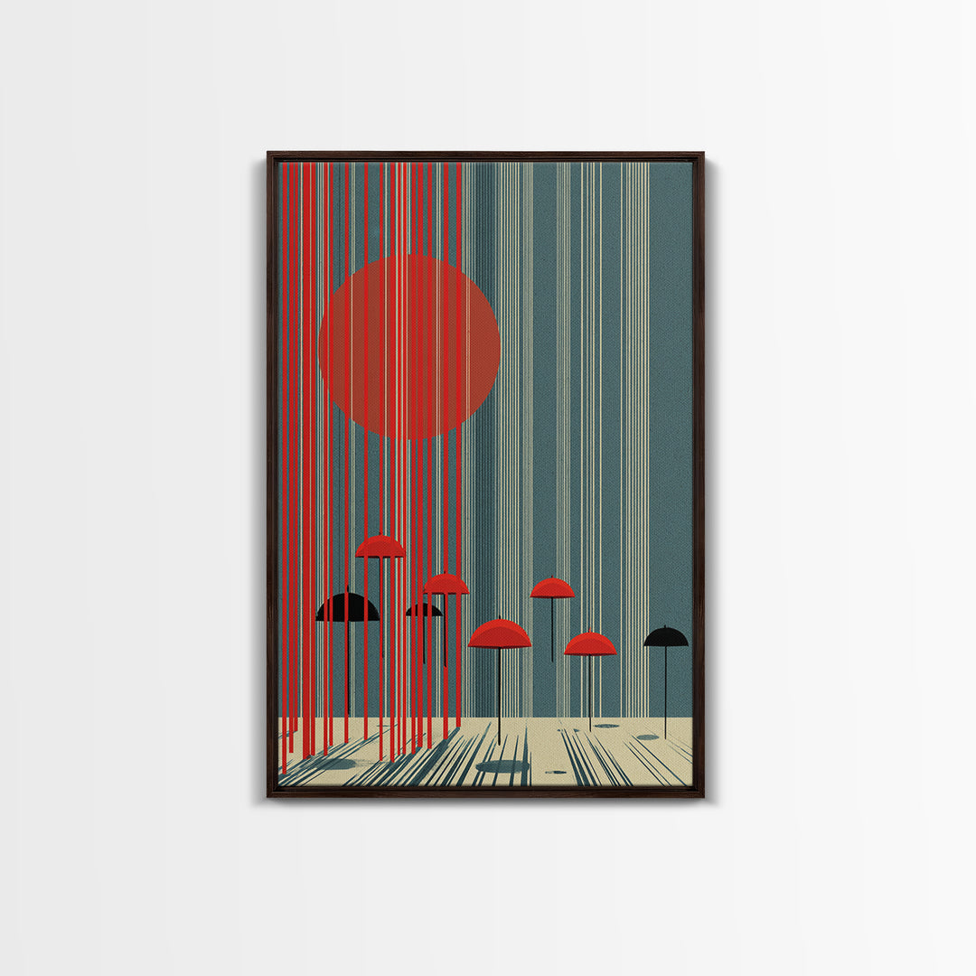 Teal Red Sun And Rain Umbrellas Canvas Print, Midcentury Modern Wall Art, Geometric Japanese Poster, Retro Decor Gift Idea