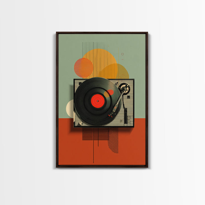 Retro Turntable Sun Shapes Framed Canvas Print, Midcentury Modern Wall Art, Orange Green Music Room Decor Poster For Vinyl Lovers
