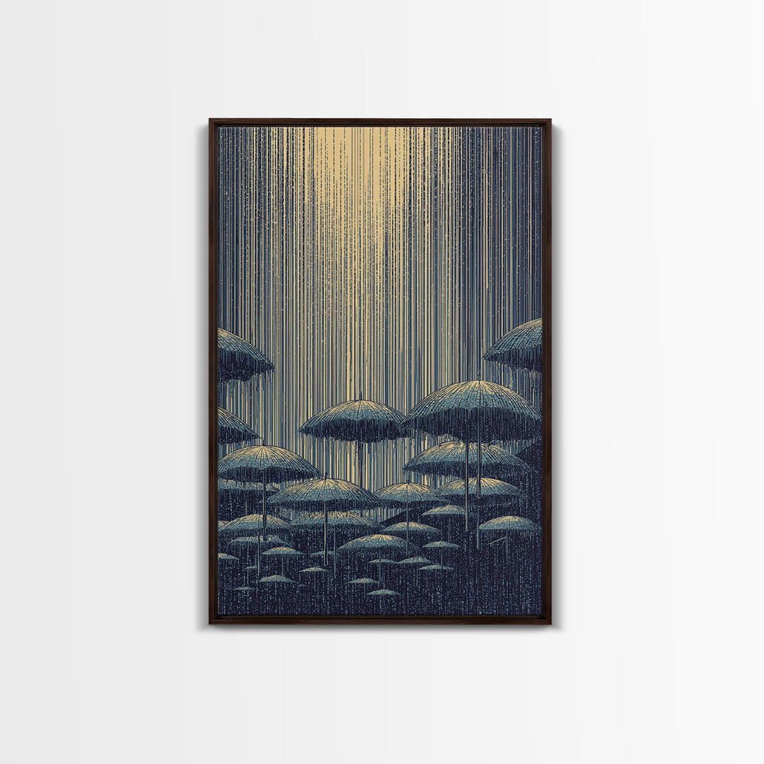 Blue Rainy Umbrella Moonlight Wall Art, Midcentury Modern Art Print, Japanese Poster Style, Retro Scenic Home Decor Gift