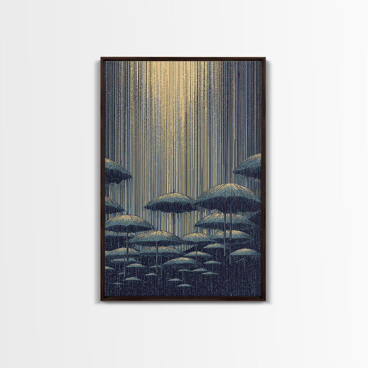 Blue Rainy Umbrella Moonlight Wall Art, Midcentury Modern Art Print, Japanese Poster Style, Retro Scenic Home Decor Gift
