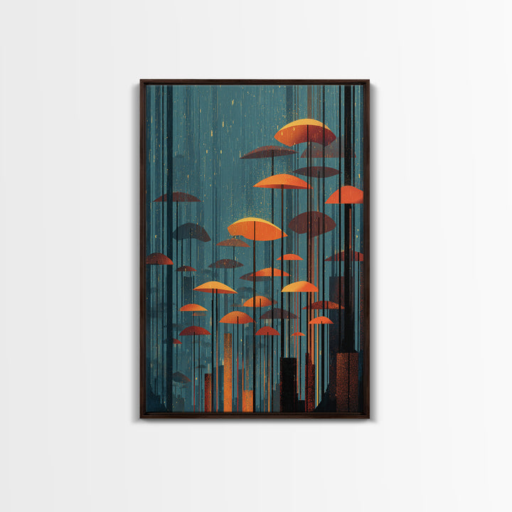 Rainy Teal Forest With Orange Umbrella Mushrooms Wall Art, Midcentury Modern Art Print, Retro Mcm Decor, Surreal Nature Poster