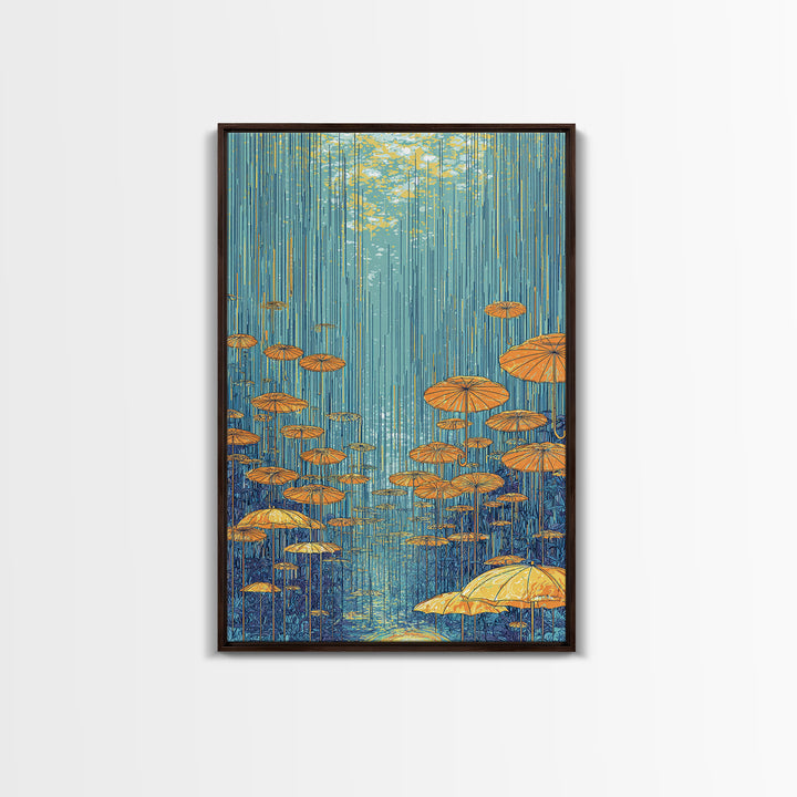 Golden Parasol Mushrooms In Blue Rain Canvas Print, Midcentury Modern Wall Art, Retro Botanical Decor, Colorful Nature Poster