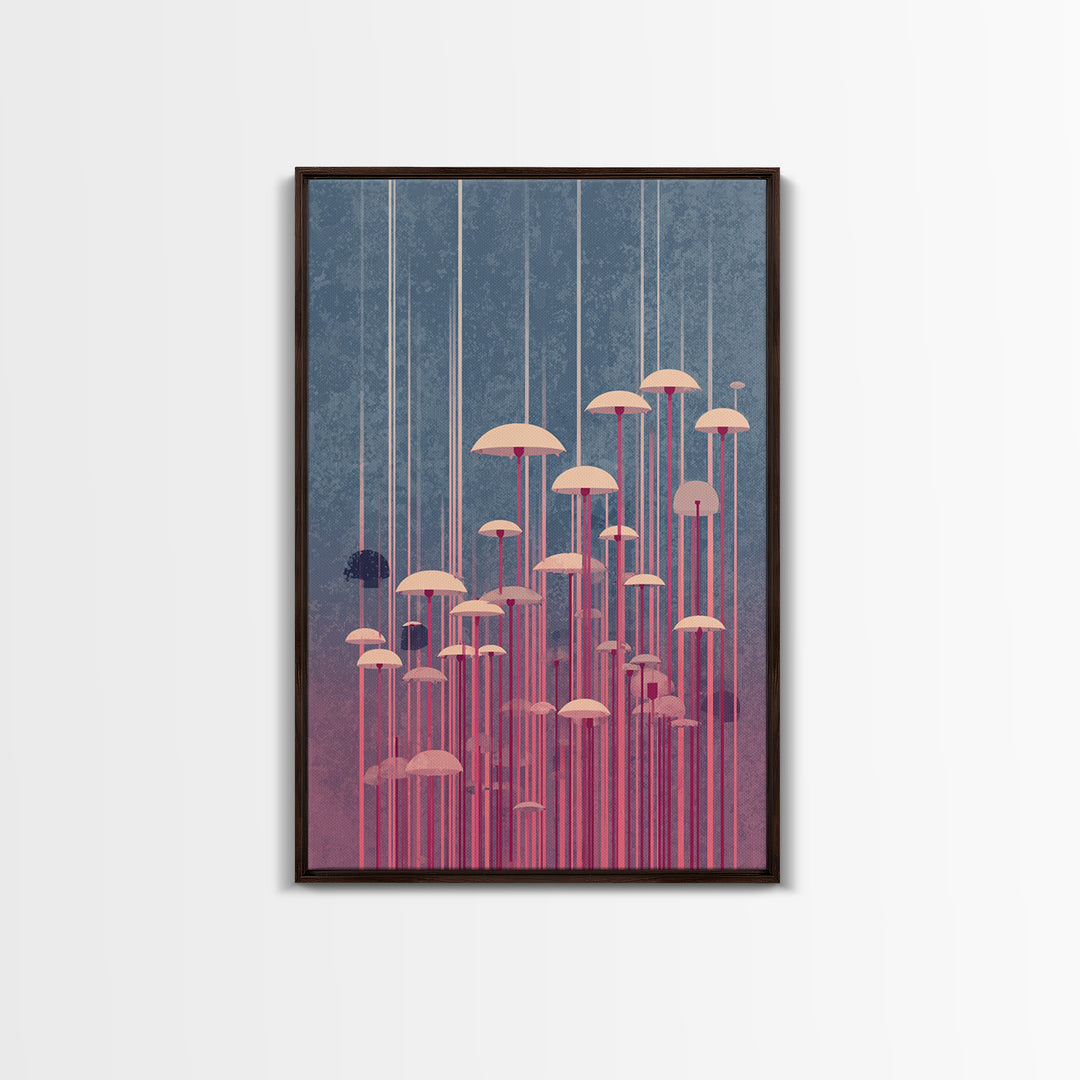 Pastel Pink Umbrella Forest In Mist Framed Canvas Print, Midcentury Modern Wall Art, Retro Mcm Decor, Dreamy Abstract Poster