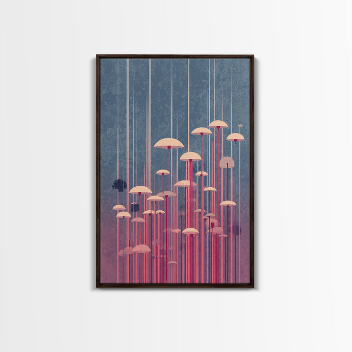 Pastel Pink Umbrella Forest In Mist Framed Canvas Print, Midcentury Modern Wall Art, Retro Mcm Decor, Dreamy Abstract Poster