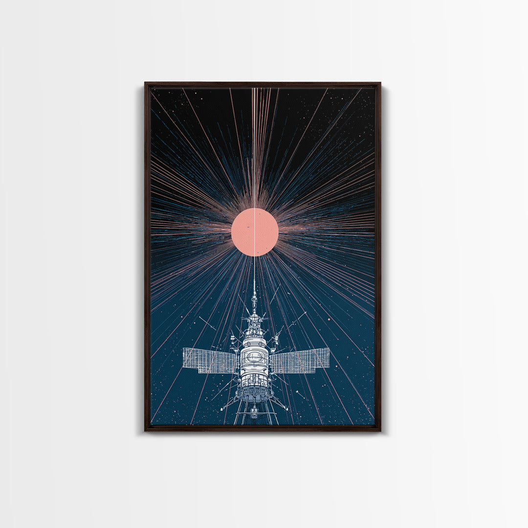Satellite Under Pink Cosmic Sun Wall Art, Midcentury Modern Sci Fi Poster, Space Abstract Art, Retro Futurism Decor Print