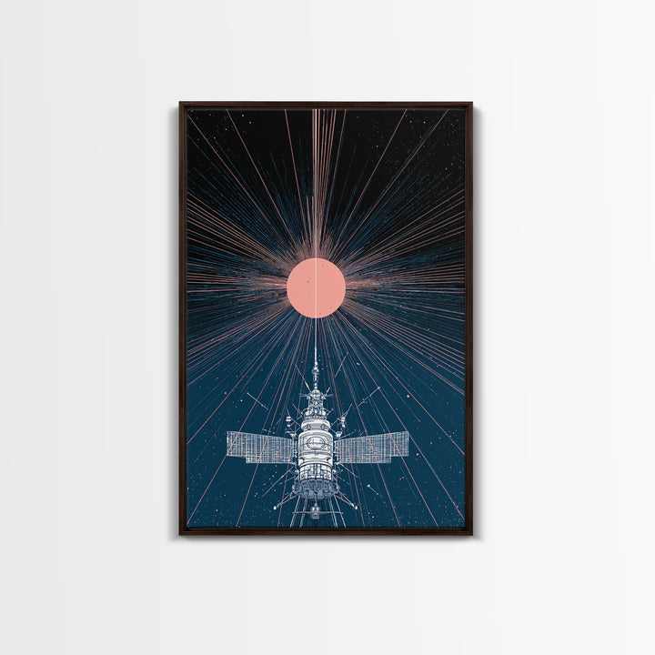 Satellite Under Pink Cosmic Sun Wall Art, Midcentury Modern Sci Fi Poster, Space Abstract Art, Retro Futurism Decor Print