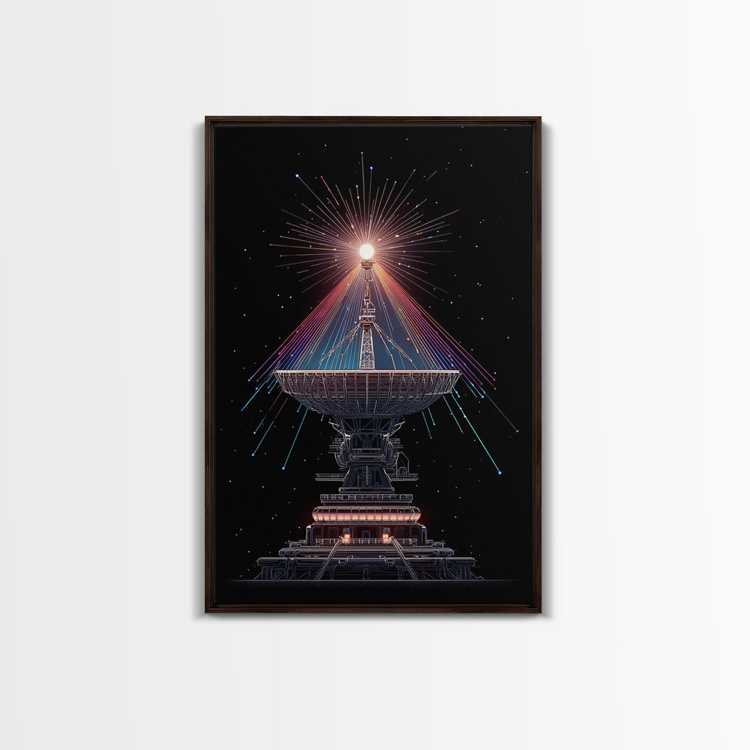 Radio Telescope Starburst On Black Canvas Print, Midcentury Modern Space Poster, Sci Fi Wall Art, Retro Cosmic Office Decor