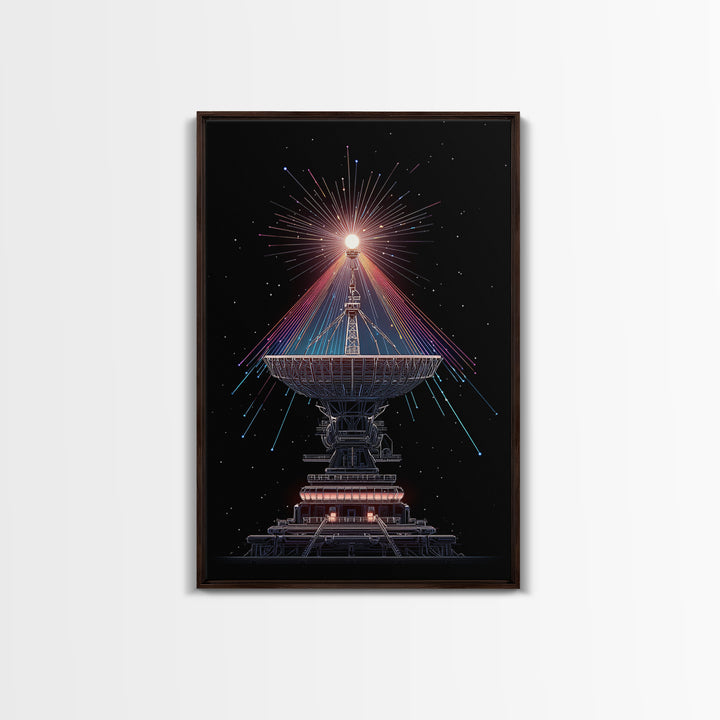 Radio Telescope Starburst On Black Canvas Print, Midcentury Modern Space Poster, Sci Fi Wall Art, Retro Cosmic Office Decor