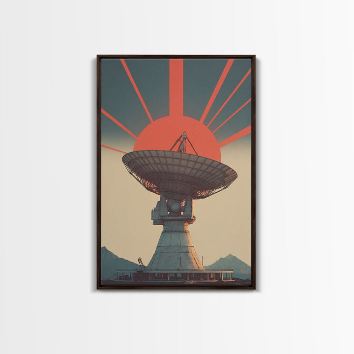 Mountain Radio Telescope With Red Sunbeams Framed Canvas Print, Midcentury Modern Wall Art, Retro Space Poster, Mcm Decor