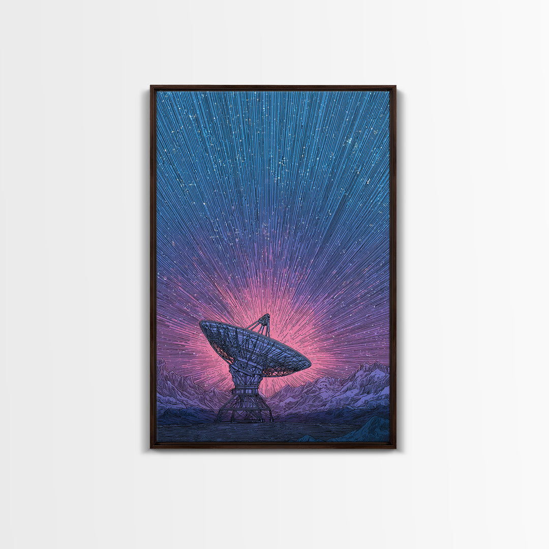 Mountain Satellite Dish With Pink Data Beams Wall Art, Midcentury Modern Sci Fi Poster, Space Abstract Art, Retro Decor Print