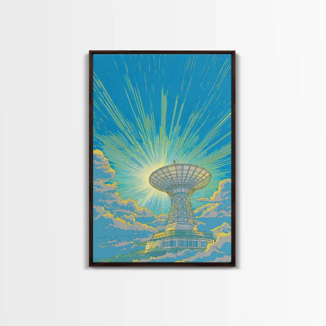 Bright Sky Satellite Dish With Neon Rays Canvas Print, Midcentury Modern Wall Art, Retro Space Poster, Colorful Office Decor