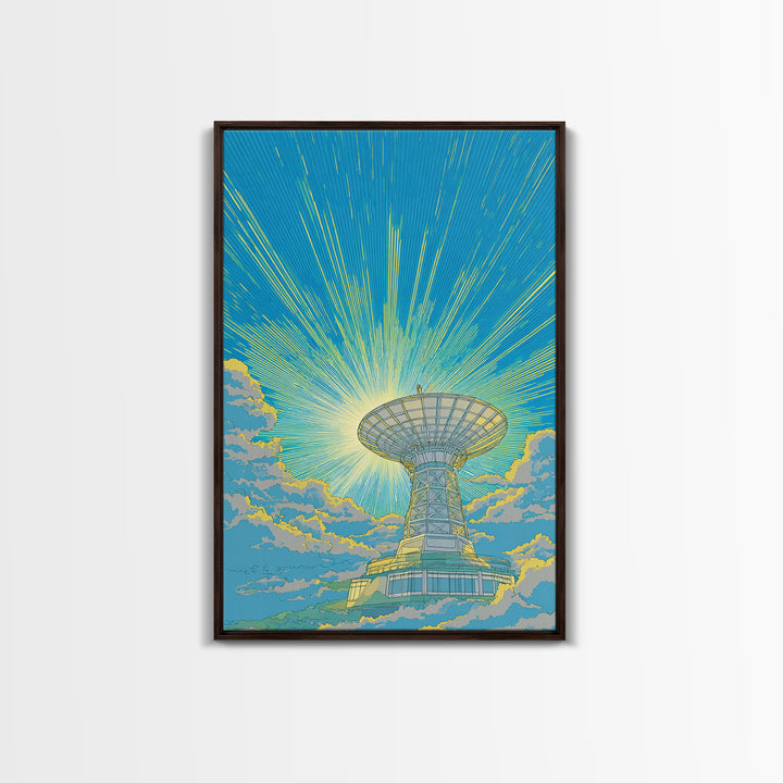Bright Sky Satellite Dish With Neon Rays Canvas Print, Midcentury Modern Wall Art, Retro Space Poster, Colorful Office Decor