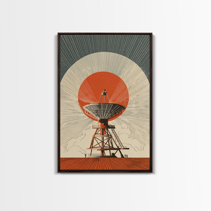 Orange Eclipse Radio Telescope In Desert Wall Art, Midcentury Modern Space Poster, Retro Futurism Decor, Geometric Art Print