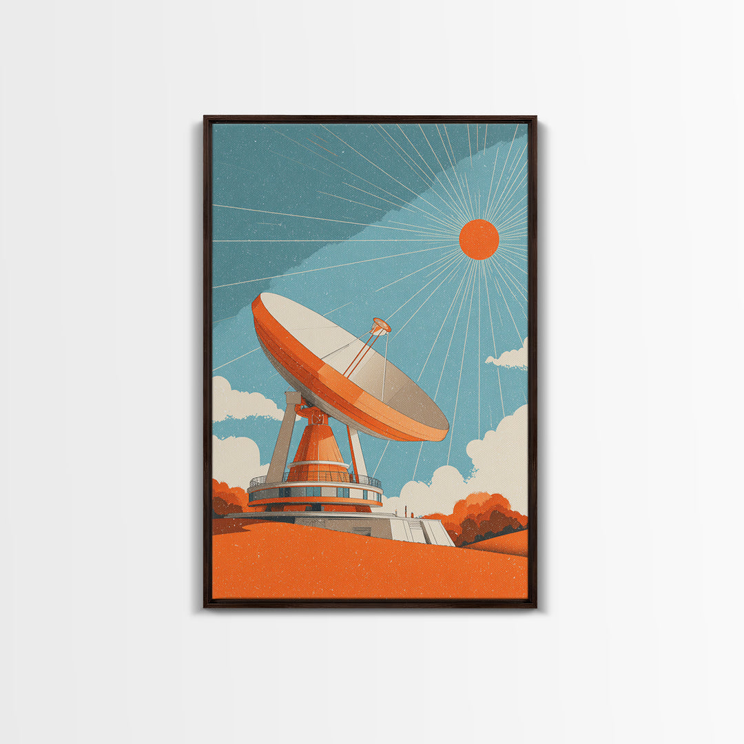 Orange Satellite Dish Under Blue Sun Canvas Print, Midcentury Modern Wall Art, Retro Space Poster, Atomic Mcm Office Decor