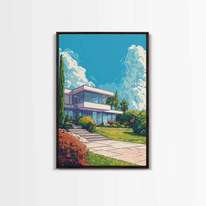 Palm Springs Modernist House Canvas Print, Mid Century Architecture Wall Decor, Retro Travel Poster, Colorful MCM Home Art