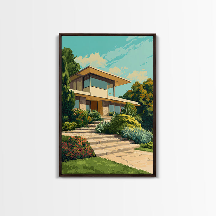 Lush Mid Century Modern House Canvas Print, Architectural Garden Wall Decor, MCM Landscape Poster, Retro Home Office Art