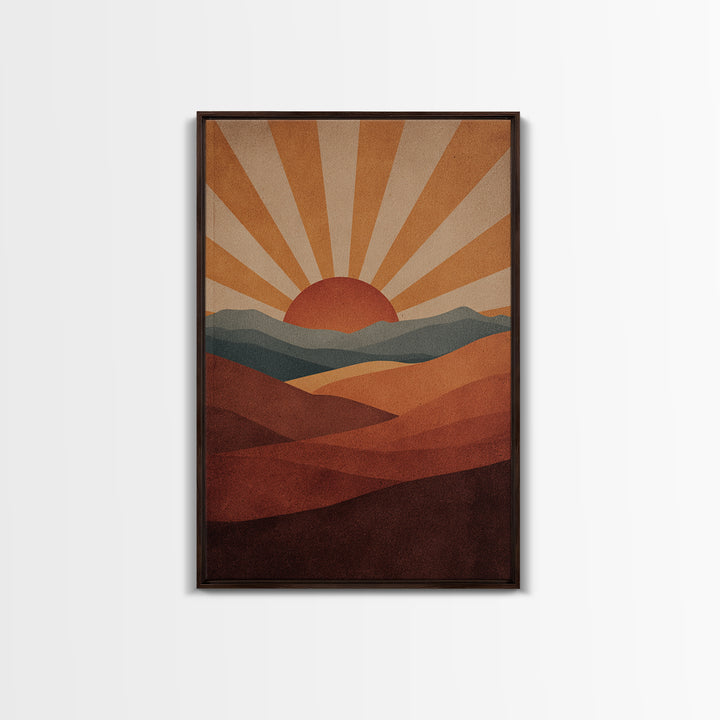 Retro Desert Sunrise Wall Art, Mid Century Sun Poster, Burnt Orange Landscape Print, Southwestern Decor, Boho MCM Art Gift