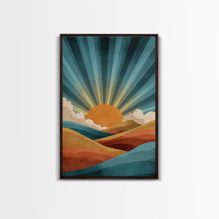 Teal Orange Sunrise Canvas Print, Retro Desert Mountain Wall Decor, Mid Century Sun Art, Boho Abstract Landscape Poster Print