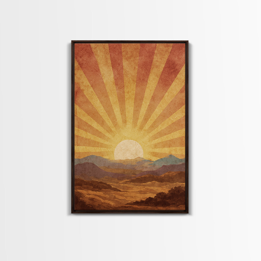 Radiant Desert Sunrise Mountains Wall Art, Mid Century Modern Poster, Retro Orange Landscape Print, Southwestern Living Room Decor