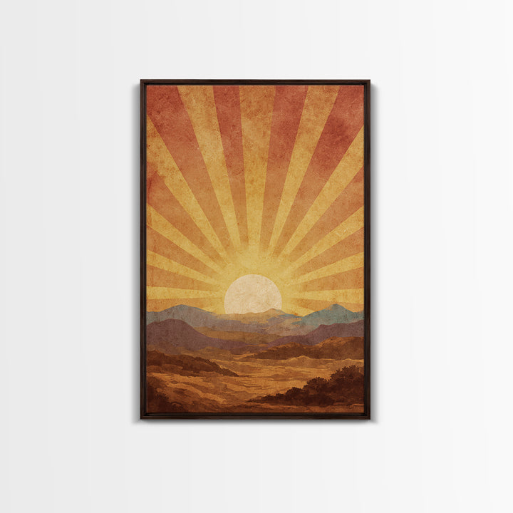 Radiant Desert Sunrise Mountains Wall Art, Mid Century Modern Poster, Retro Orange Landscape Print, Southwestern Living Room Decor
