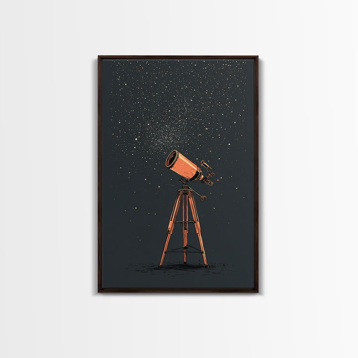 Orange Telescope Star Field Canvas Print, Mid Century Modern Astronomy Poster, Minimal Space Wall Decor, Stargazer Gift Idea