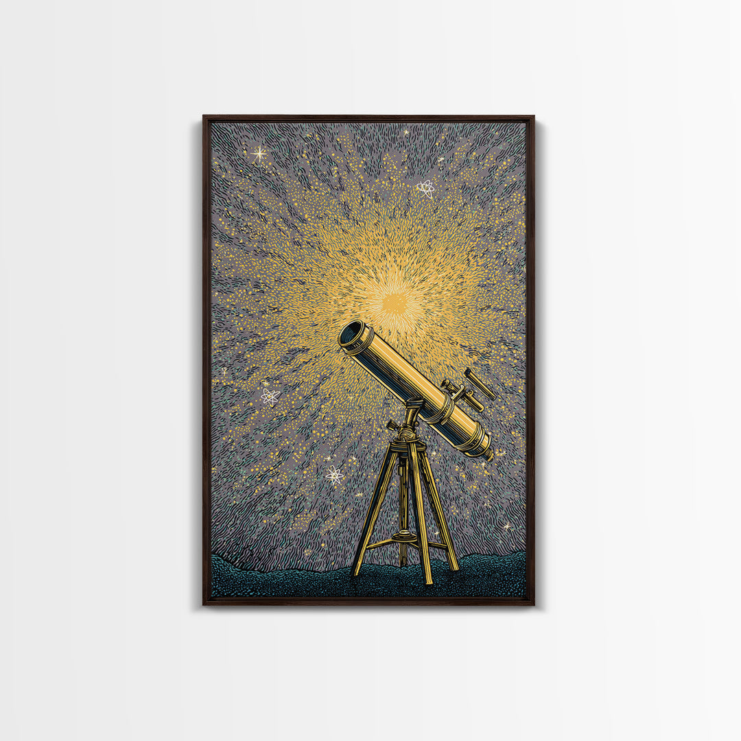 Golden Starburst Telescope Canvas Print, Mid Century Modern Astronomy Poster, Retro Space Wall Decor, Statement Office Art