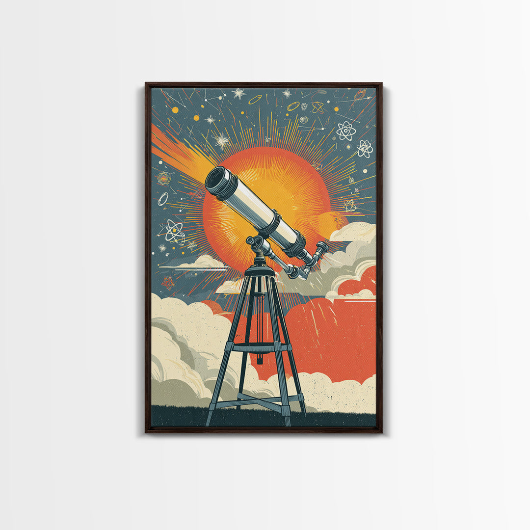 Giant Sun Telescope Wall Art, Mid Century Modern Space Poster, Colorful Atomic Astronomy Print, Retro Office Decor Gift Idea