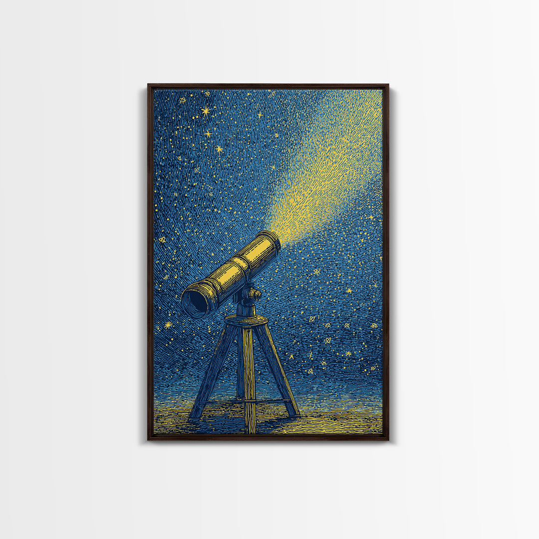 Blue Night Telescope Canvas Print, Mid Century Modern Astronomy Poster, Starry Space Wall Decor, Retro Science Gift For Him