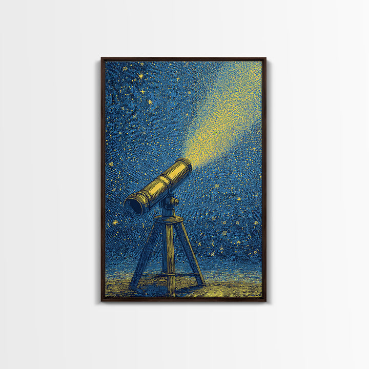 Blue Night Telescope Canvas Print, Mid Century Modern Astronomy Poster, Starry Space Wall Decor, Retro Science Gift For Him