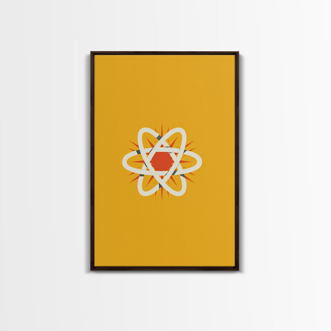 Minimal Atomic Symbol Canvas Print, Mid Century Modern Science Poster, Yellow Orange Geometric Wall Decor, Retro Lab Art