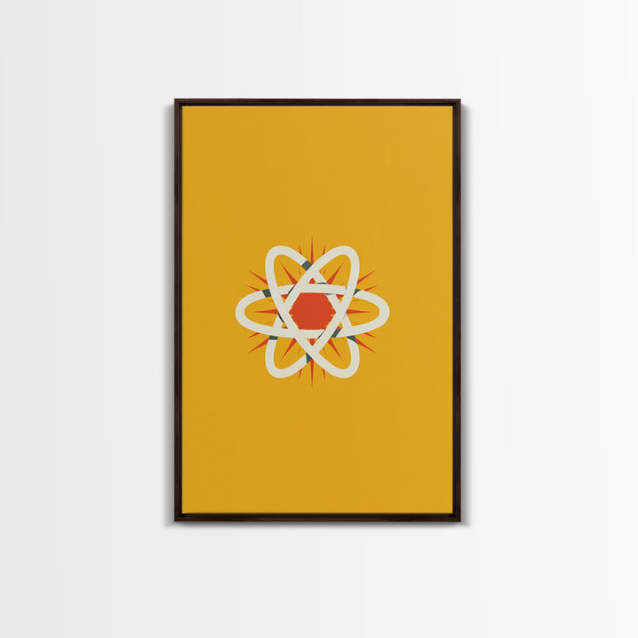 Minimal Atomic Symbol Canvas Print, Mid Century Modern Science Poster, Yellow Orange Geometric Wall Decor, Retro Lab Art