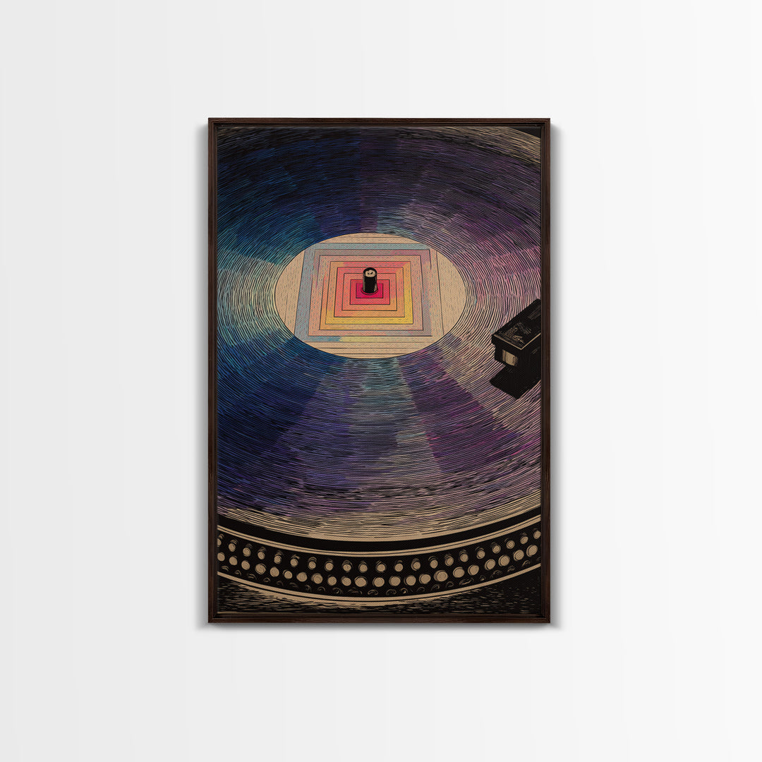 Square Label Vinyl Record Framed Canvas Print, Modern Abstract Wall Art, Retro Turntable Poster, Blue Purple Music Decor