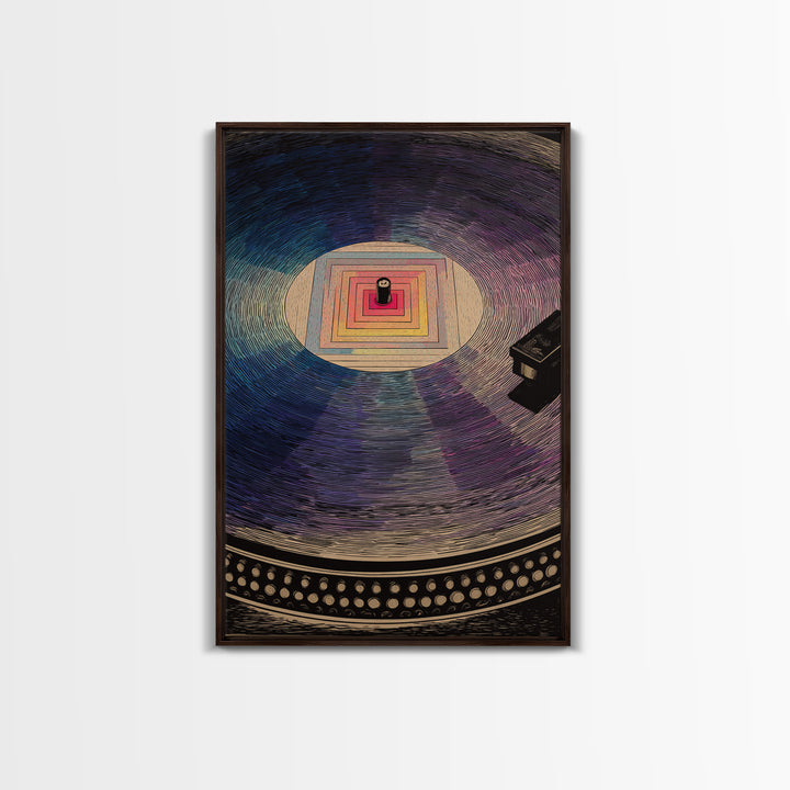 Square Label Vinyl Record Framed Canvas Print, Modern Abstract Wall Art, Retro Turntable Poster, Blue Purple Music Decor