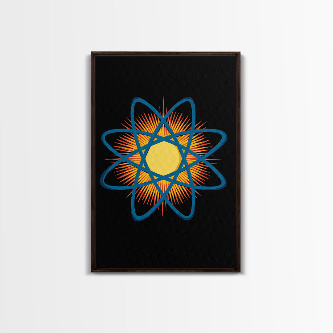 Blue Atomic Orbit Sunburst Wall Art, Midcentury Modern Science Poster, Retro Space Decor, Geometric MCM Art Print For Office