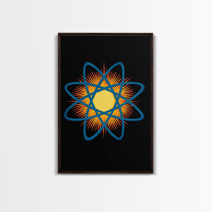 Blue Atomic Orbit Sunburst Wall Art, Midcentury Modern Science Poster, Retro Space Decor, Geometric MCM Art Print For Office