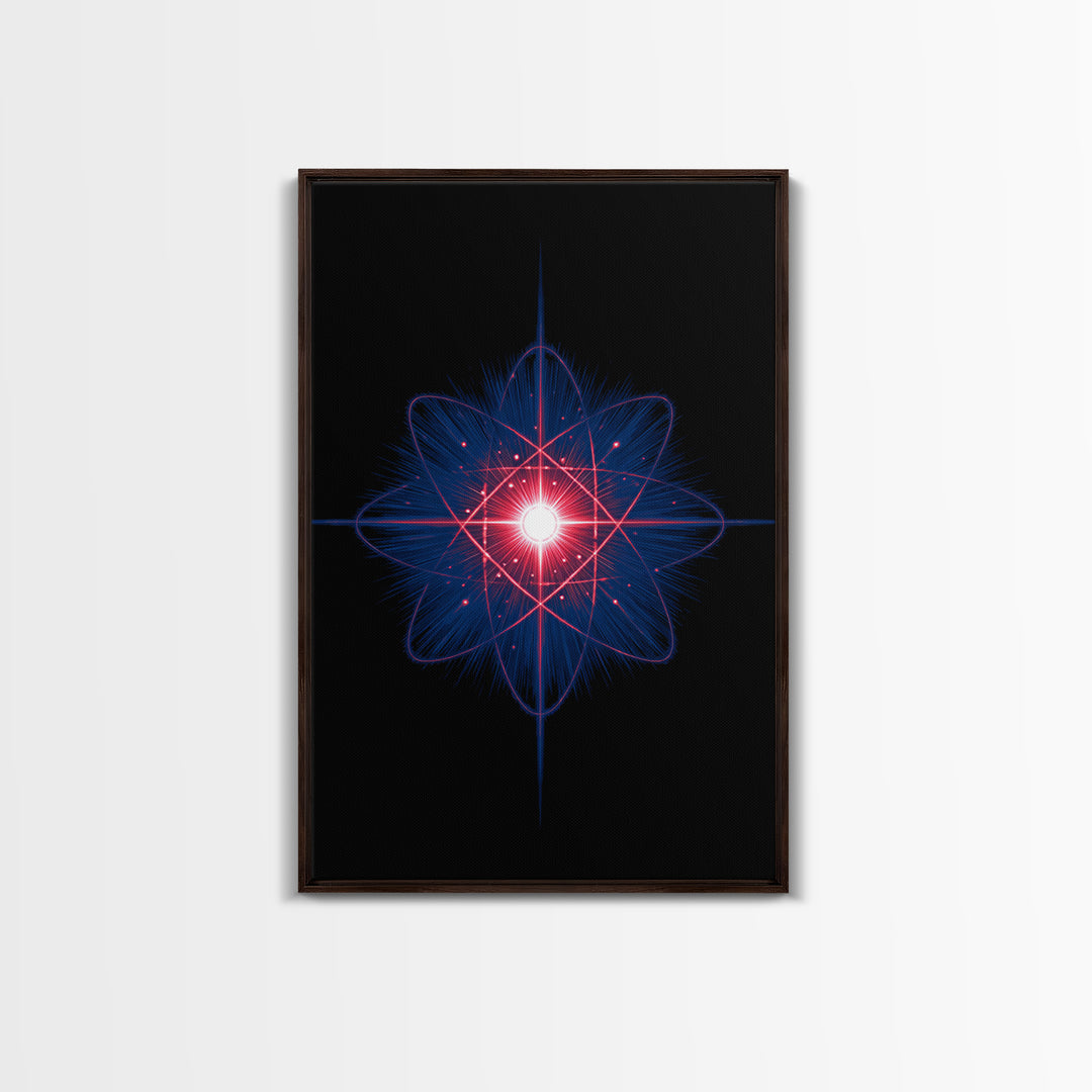 Neon Red Blue Atomic Starburst Canvas Print, Futuristic Space Abstract, Midcentury Modern Wall Decor, Sci Fi Home Office Art