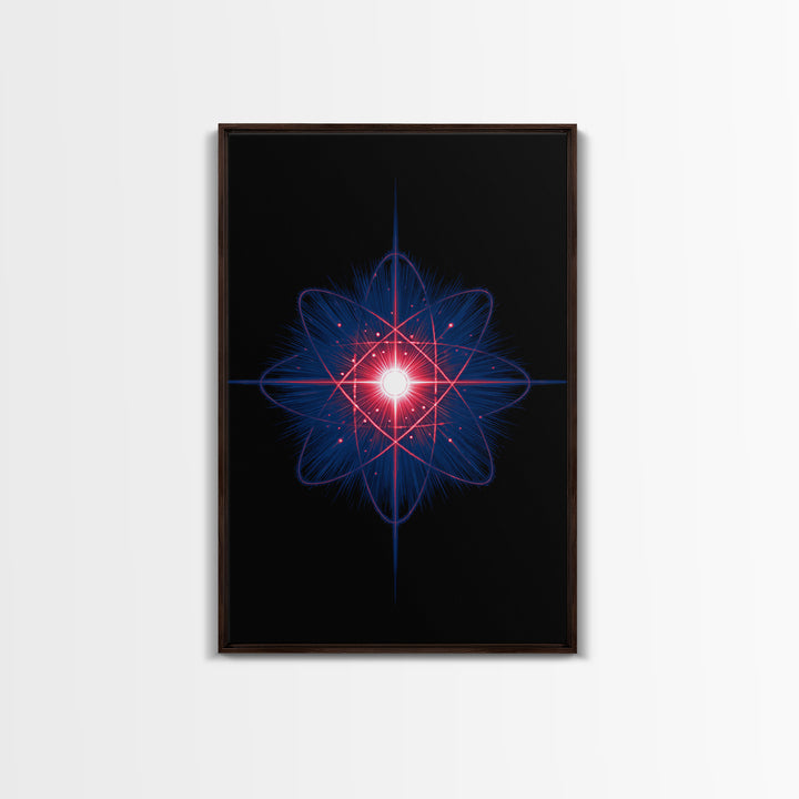 Neon Red Blue Atomic Starburst Canvas Print, Futuristic Space Abstract, Midcentury Modern Wall Decor, Sci Fi Home Office Art