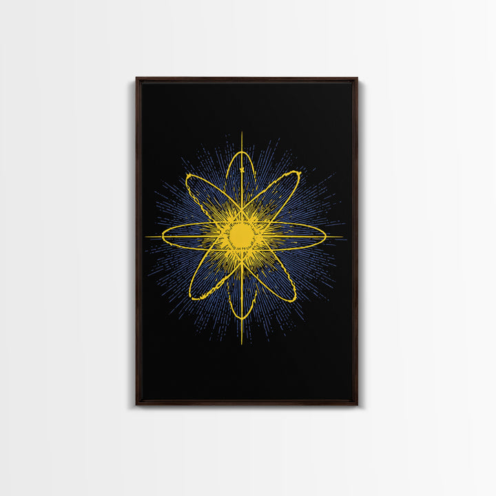 Yellow Atomic Burst Wall Art, Bright Modern Abstract Science Poster, Midcentury Space Decor, Geometric Art Print For Home Office