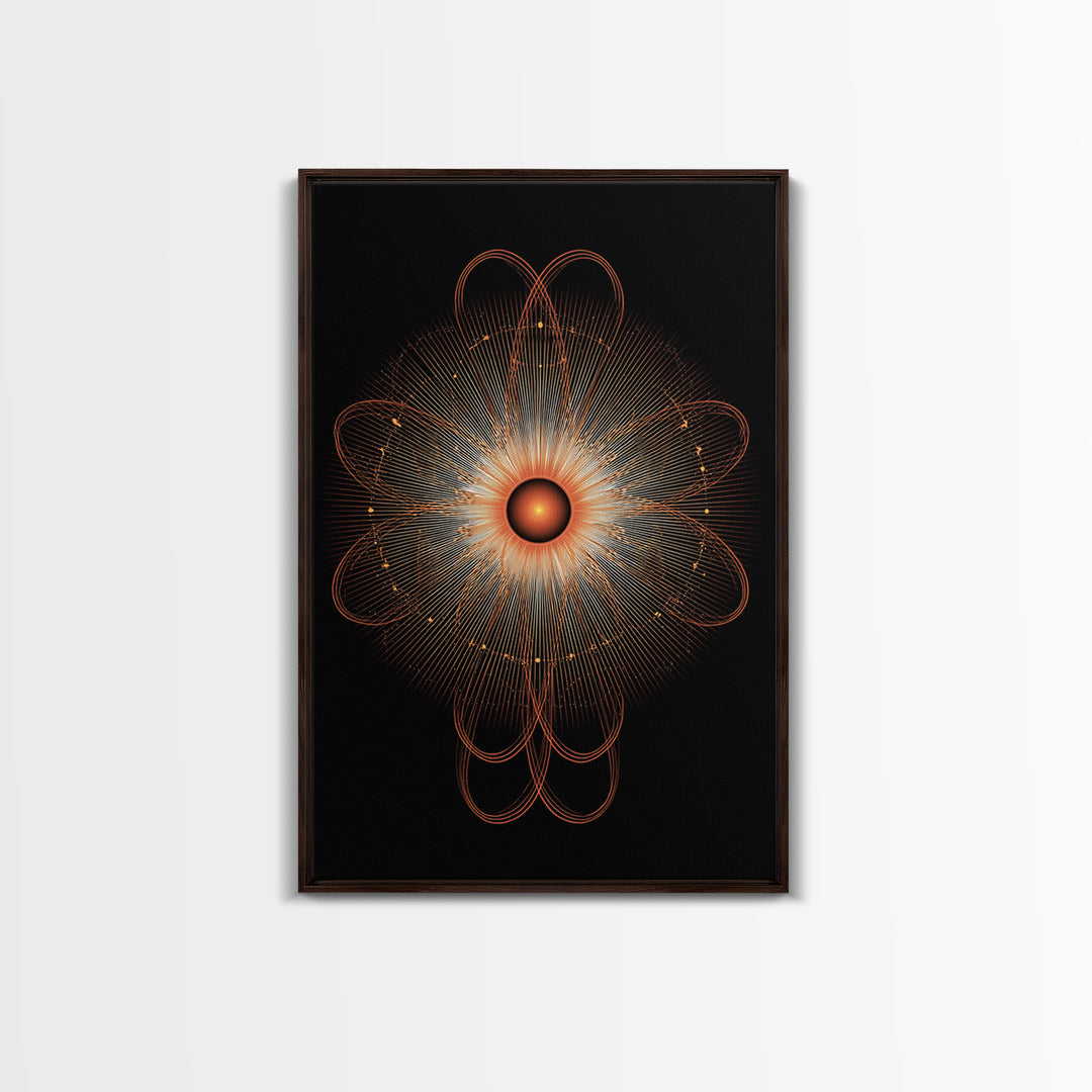 Orange Radiant Atomic Flower Framed Canvas Print, Midcentury Modern Abstract, Retro Geometric Wall Decor, MCM Office Art