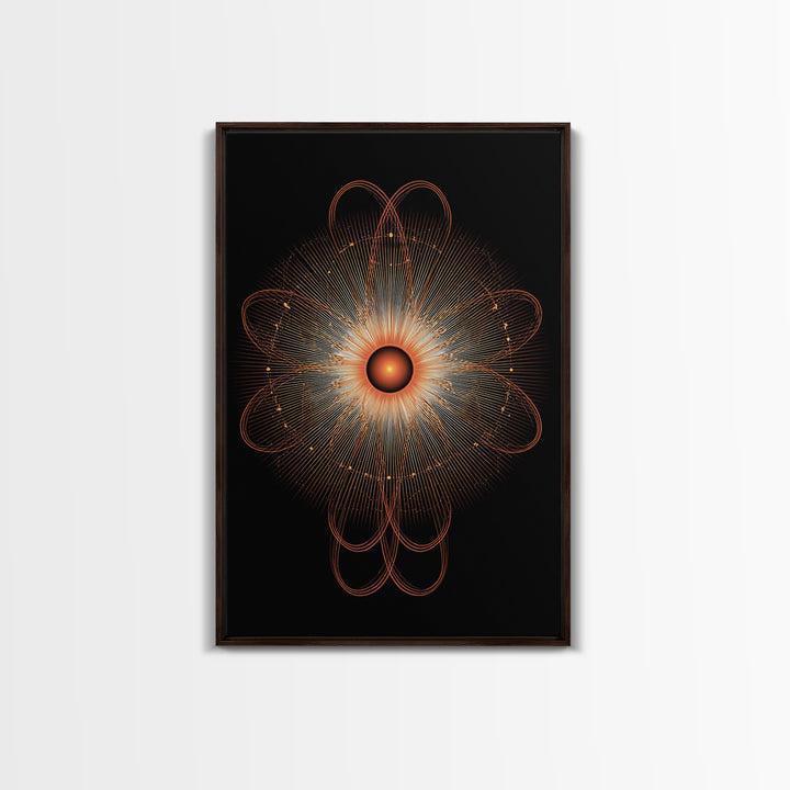 Orange Radiant Atomic Flower Framed Canvas Print, Midcentury Modern Abstract, Retro Geometric Wall Decor, MCM Office Art