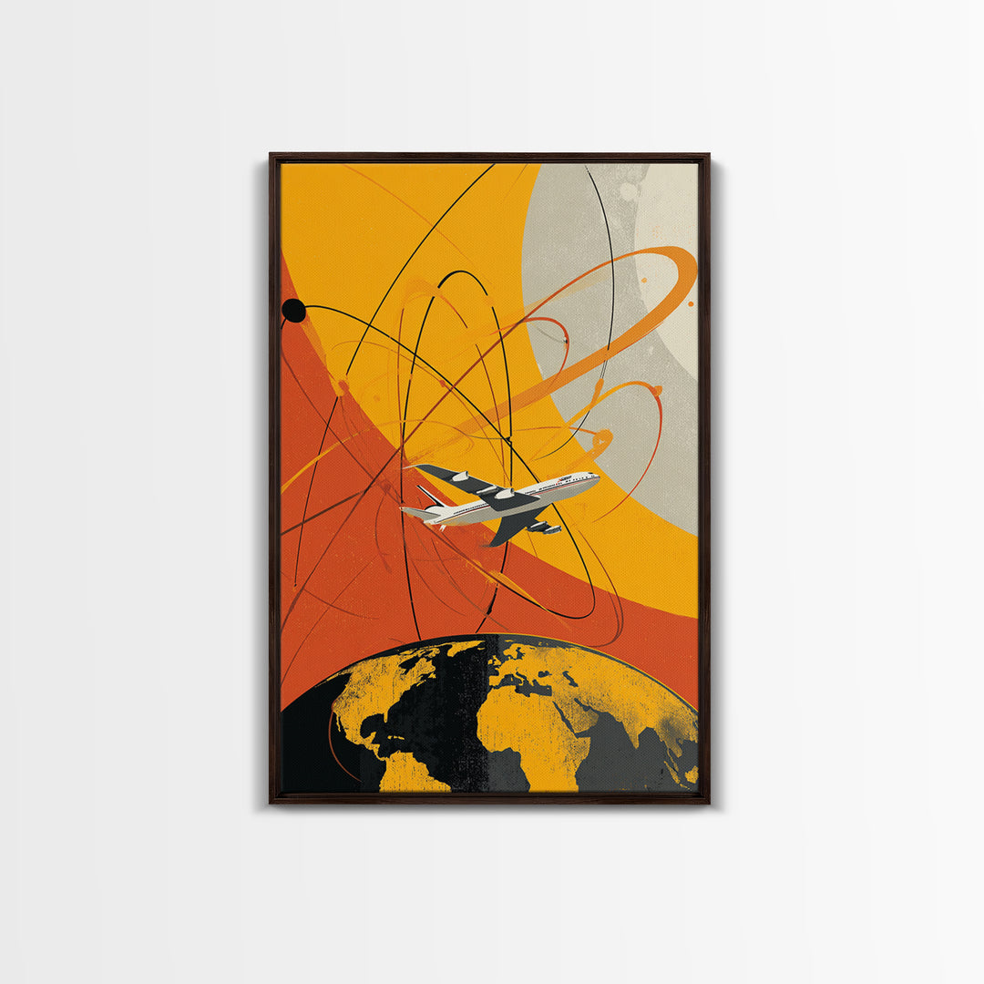 Orange Jet Airplane Orbit Wall Art, Retro Space Age Travel Poster, Midcentury Modern Aviation Decor, Bold Canvas Print For Office