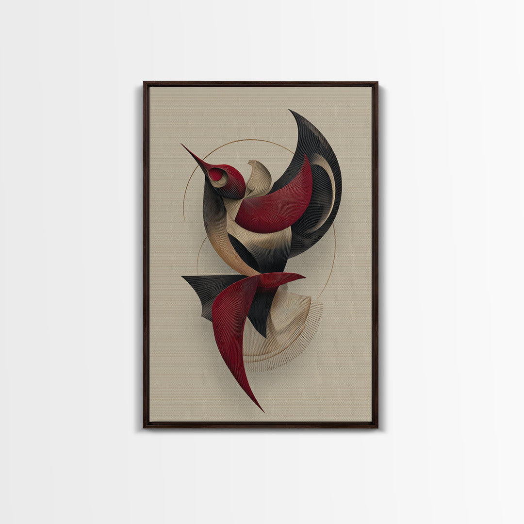Red Black Beige Kinetic Abstract Bird Framed Canvas Print, Midcentury Modern Wall Art, Sculptural MCM Home Decor, Statement Piece