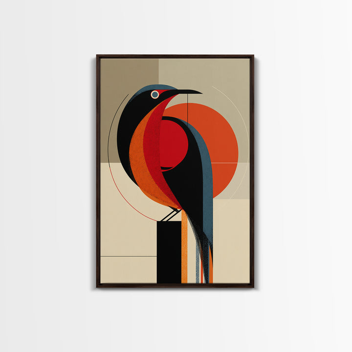 Orange Black Geometric Toucan Framed Canvas Print, Midcentury Modern Wall Art, Atomic Bird Poster, Bold MCM Decor, For Office