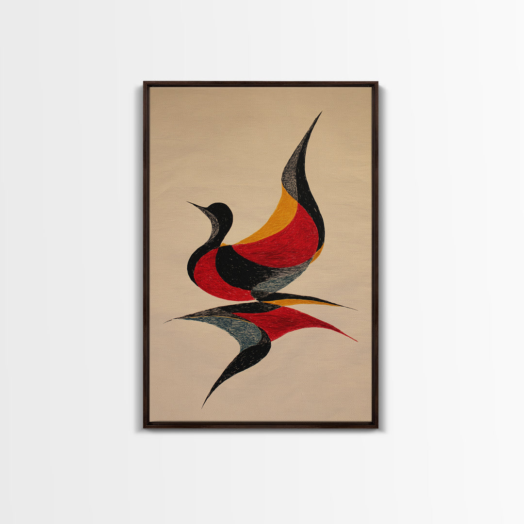 Red Black Abstract Bird Canvas Print, Midcentury Modern Wall Art, Retro Geometric Art, Warm Beige Living Room Decor, Gift