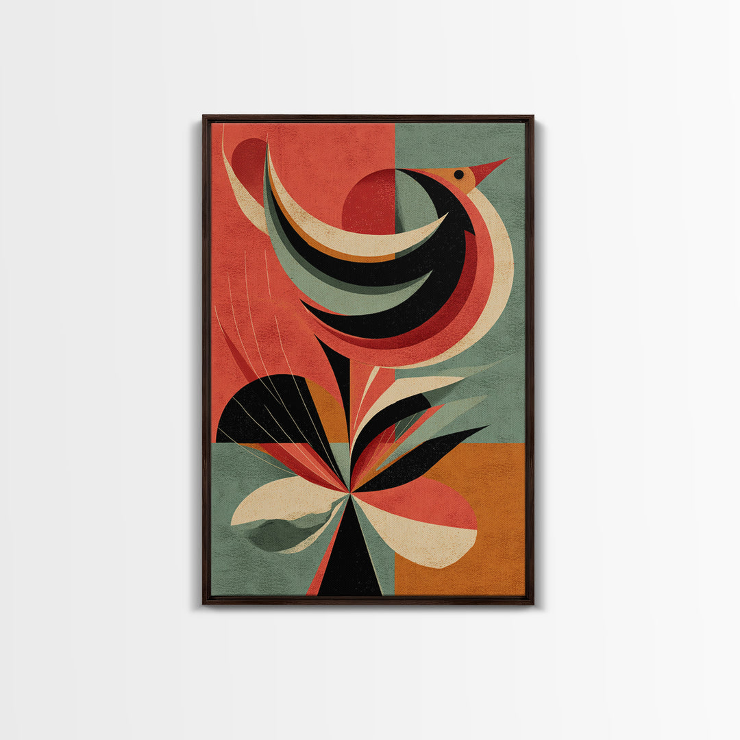 Retro Bird And Flower Wall Art, Midcentury Modern Canvas Print, Colorful Geometric Poster, MCM Botanical Home Decor, Gift