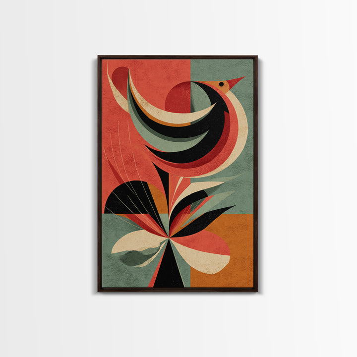 Retro Bird And Flower Wall Art, Midcentury Modern Canvas Print, Colorful Geometric Poster, MCM Botanical Home Decor, Gift